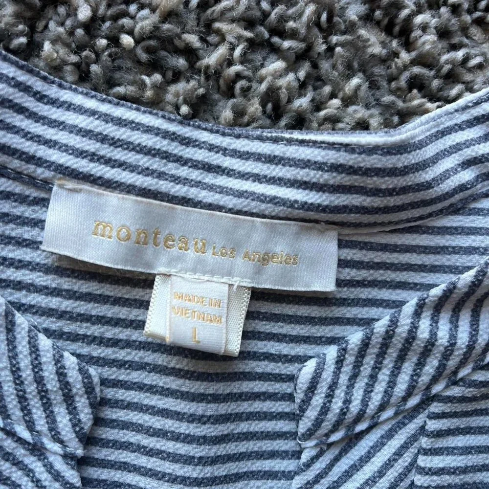 Monteau LA Blouse White Blue Women L Striped Summer Babydoll Feminine Going Out - Picture 2 of 7